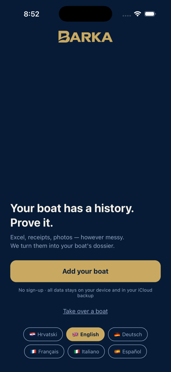 First screen: six languages and the Add your boat button