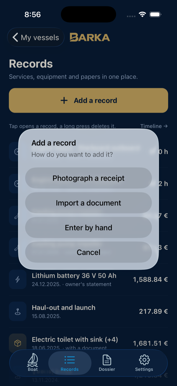 Records tab with the Add a record button and the three ways to add one