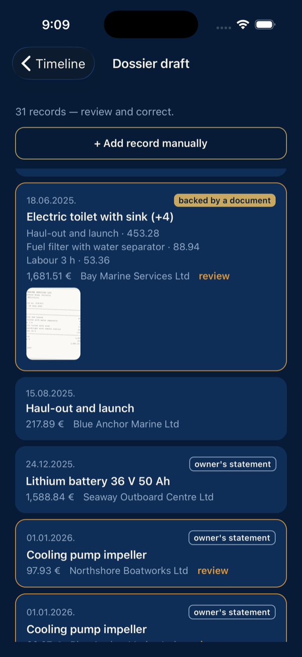 Dossier draft list with provenance badges and a receipt thumbnail