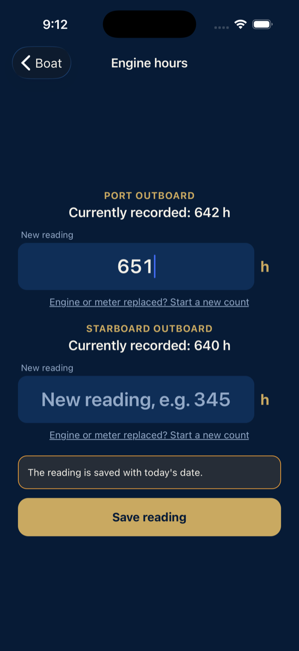 Engine hours screen with one field per engine