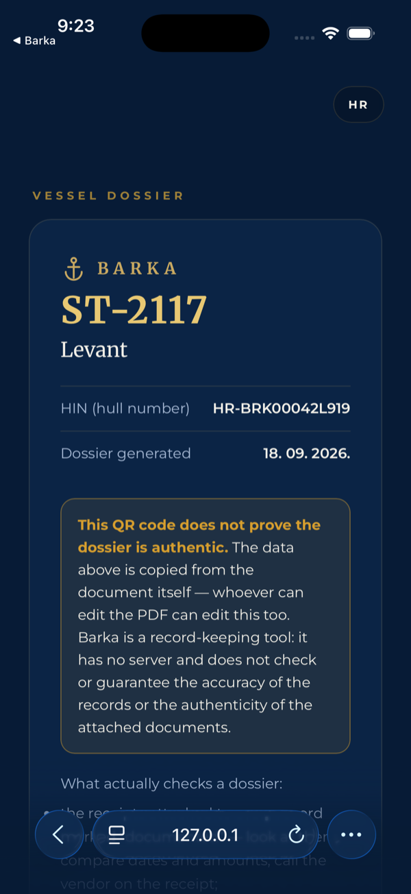 The page opened by scanning the dossier's QR code