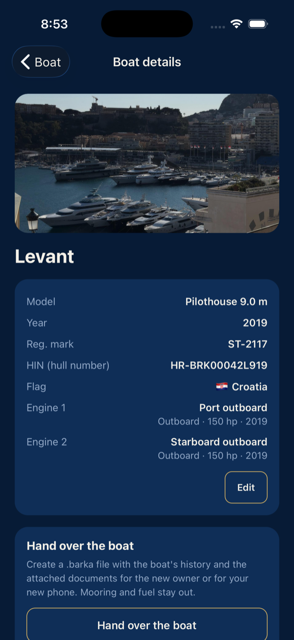 Boat details with the Hand over the boat card