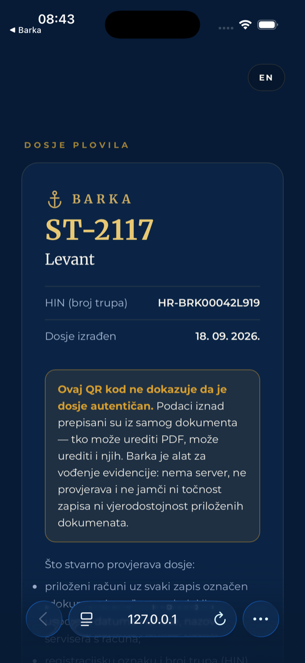 Stranica koja se otvara skeniranjem QR koda iz dosjea