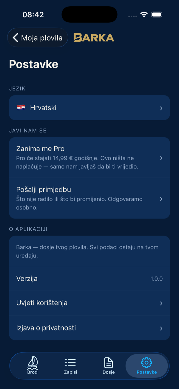 Postavke s jezikom, primjedbom, uvjetima i privatnošću